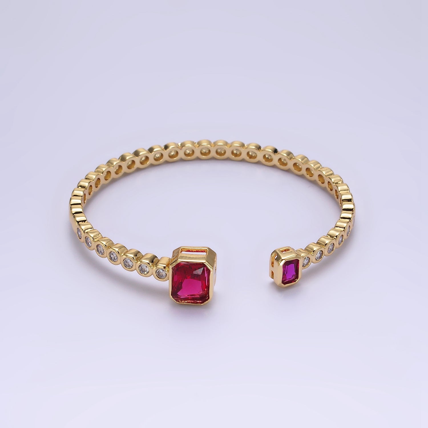 14K Gold Filled Green, Fuchsia Baguette Round CZ Lined Cuff Bracelet in Silver & Gold | WA-1974 ~ WA-1977