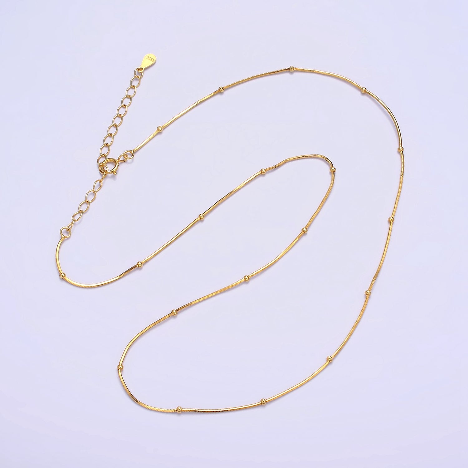 Dainty 24K Gold Vermeil Satellite Chain Necklace 925 Sterling Silver Snake Necklace Chain w/ Heavy 24K Gold Plated 15.35 inch + 2 inch extender | WA1983 - DLUXCA