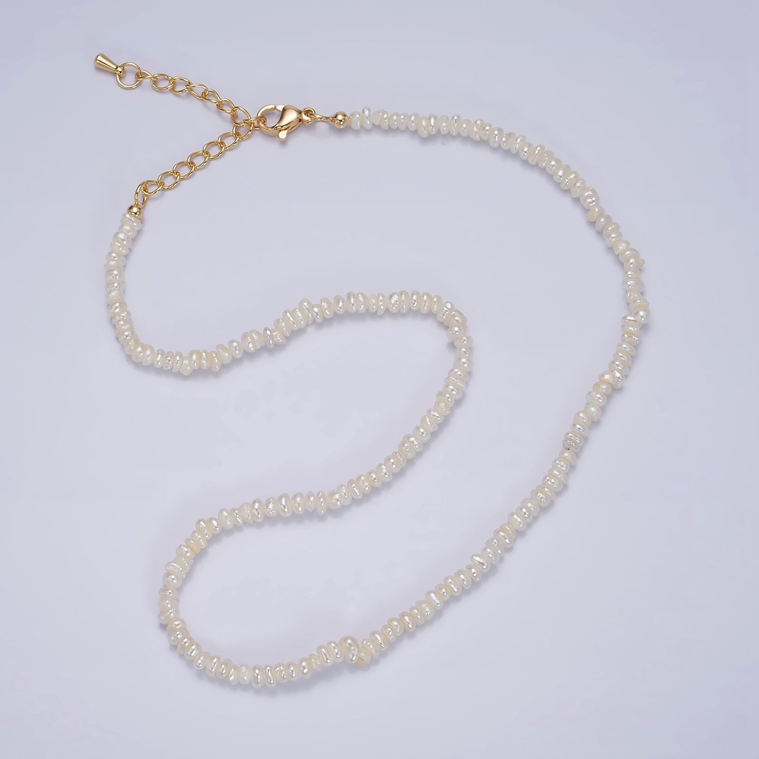 16K Gold Filled 3mm Button Biwa Ringed Freshwater Pearls 15 Inch Choker Necklace w. Extender | WA-1989