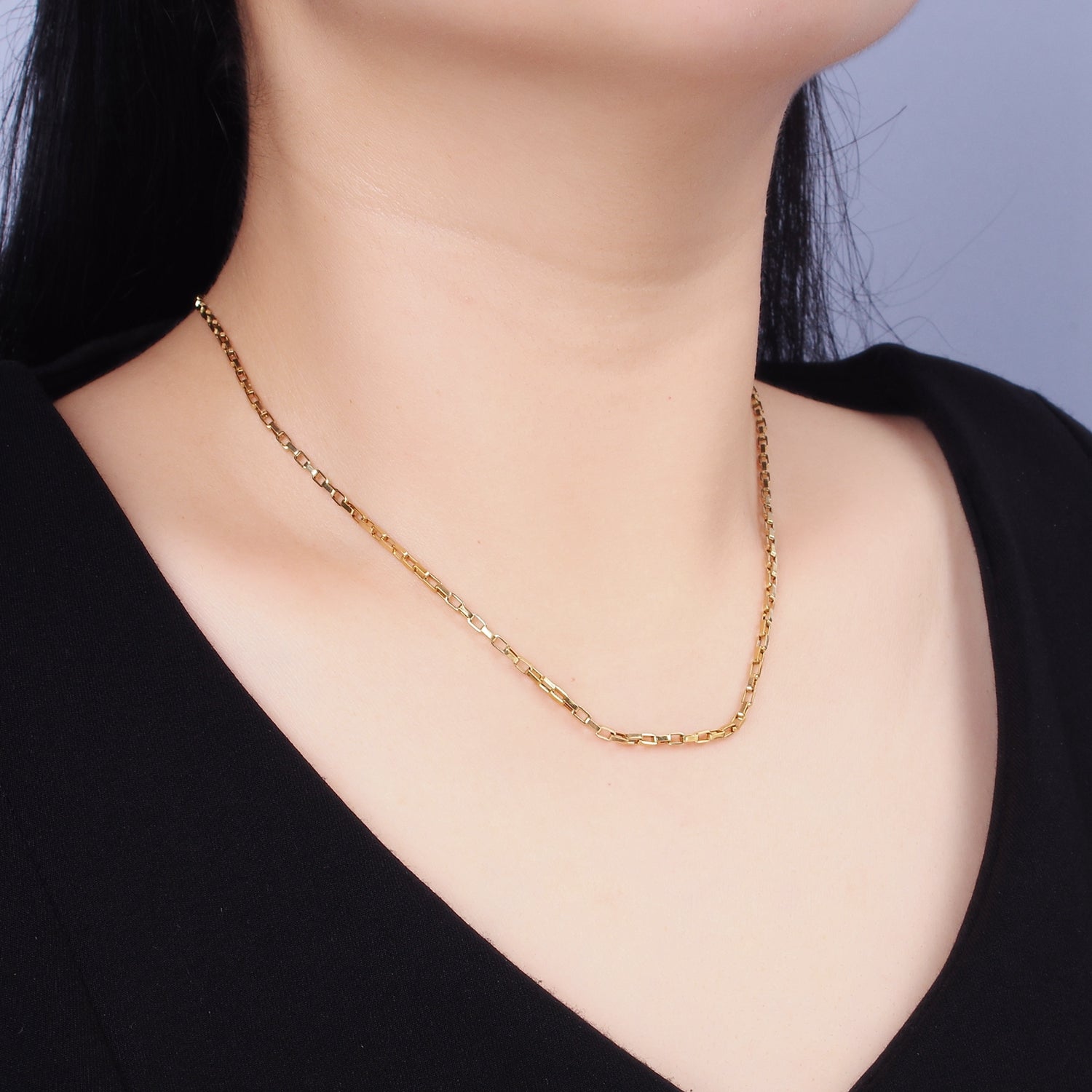 Stainless Steel 2mm Dainty Rectangular Box 17.72 Inch Layering Chain Necklace | WA-1991 - DLUXCA