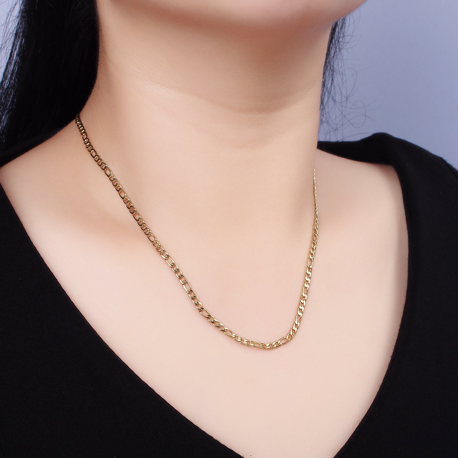 Stainless Steel 2.8mm Flat Figaro 17.72 Inch Layering Princess Chain Necklace | WA-2002 - DLUXCA