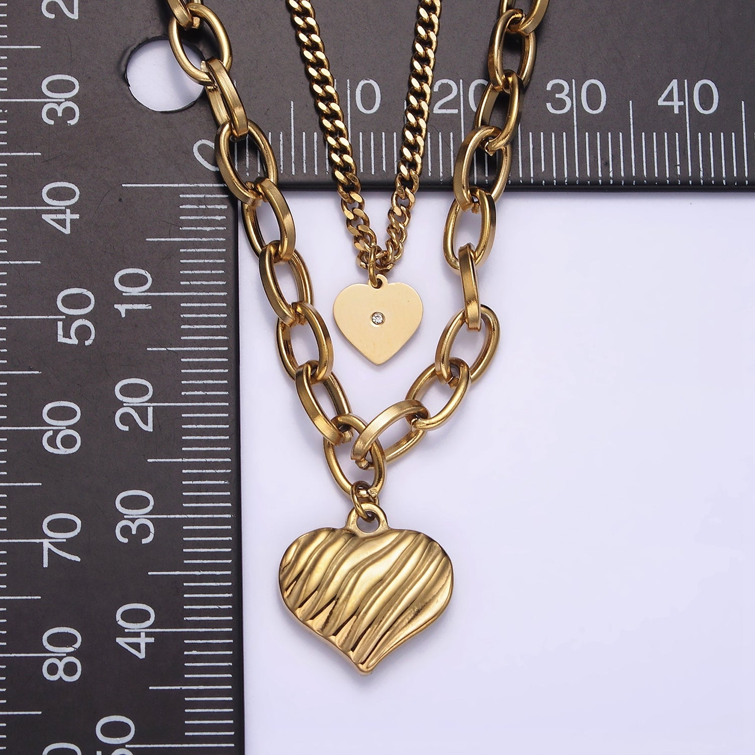 Stainless Steel Textured Heart CZ Cable Curb Double Layer Stack Necklace | WA-2033 - DLUXCA