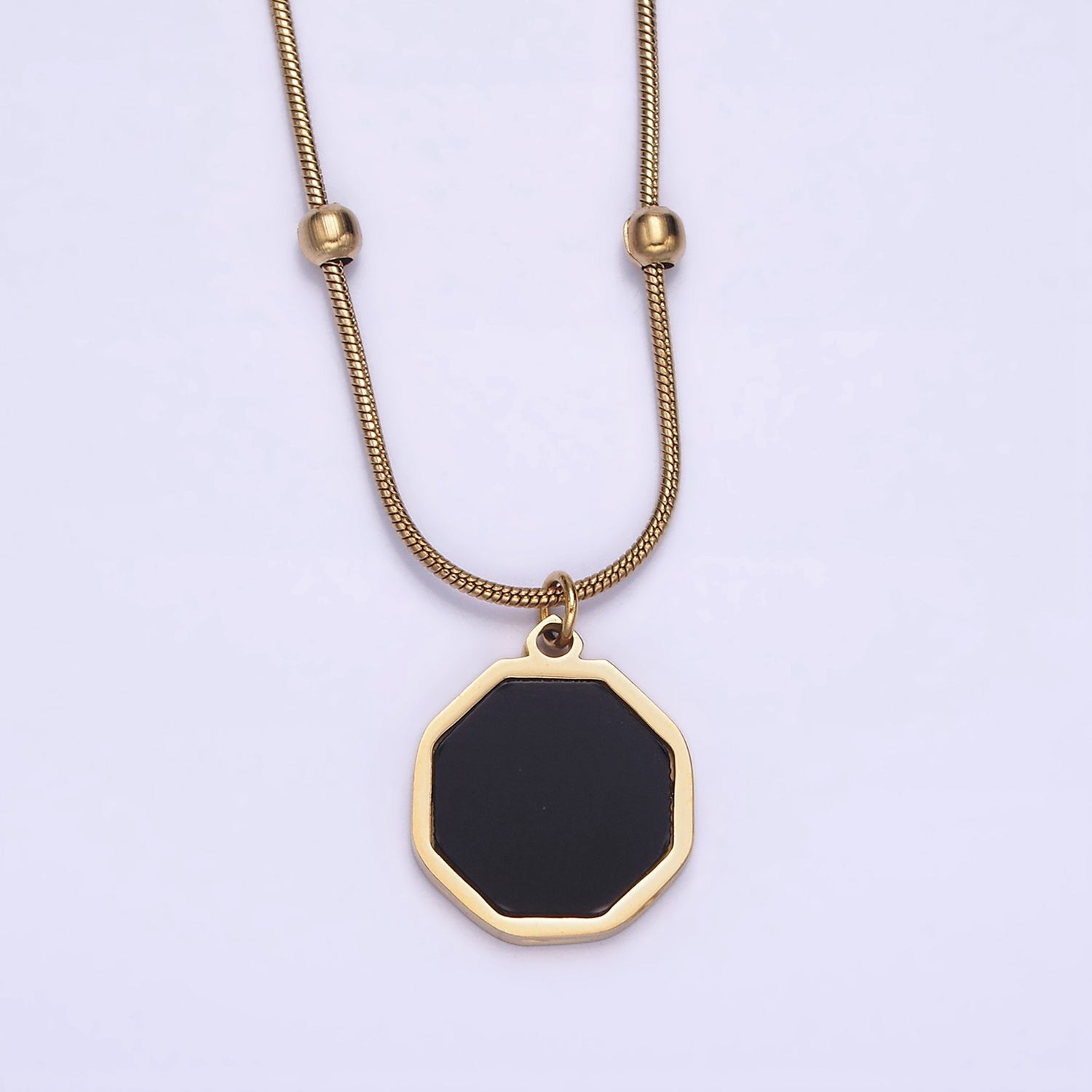 Stainless Steel Black Hexagonal Charm 17 Inch Satellite Snake Chain Necklace | WA-2035 - DLUXCA