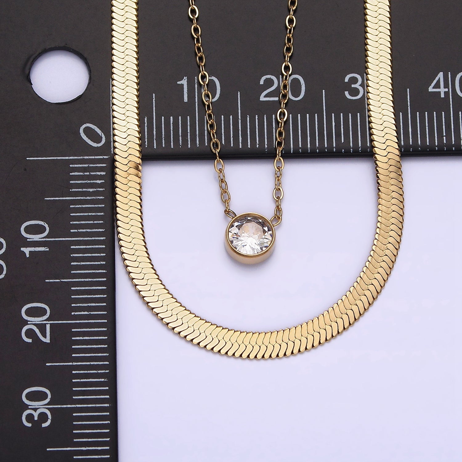 Stainless Steel Clear Round CZ 3mm Herringbone 1mm Cable Double Layer Chain Stack Necklace | WA-2037 - DLUXCA