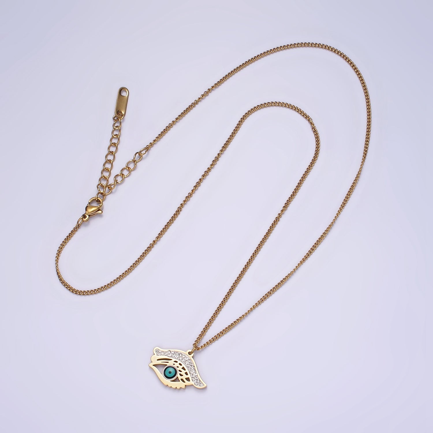 Stainless Steel Evil Eye Enamel Micro Paved CZ Charm 17 Inch Curb Chain Necklace | WA-2040 - DLUXCA