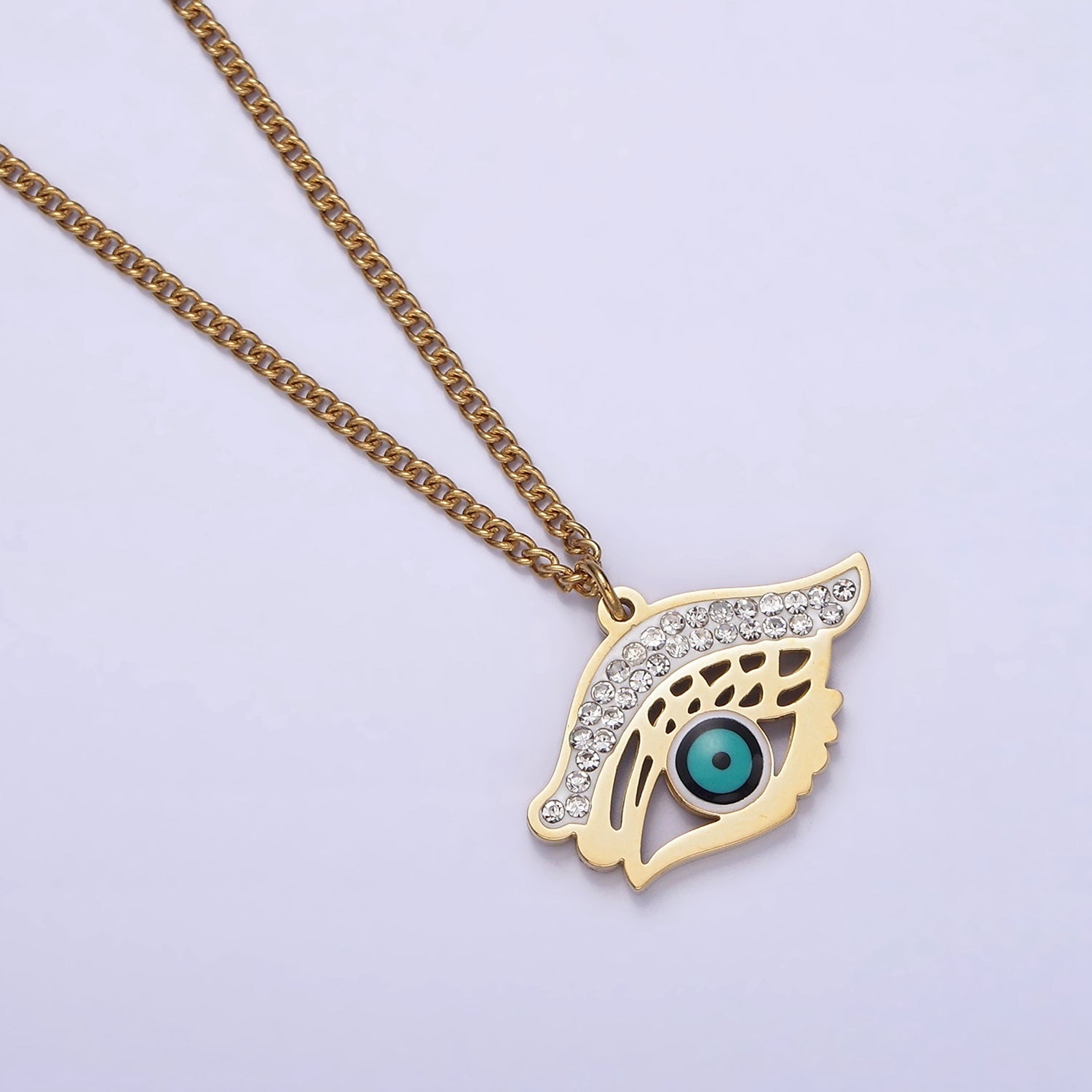 Stainless Steel Evil Eye Enamel Micro Paved CZ Charm 17 Inch Curb Chain Necklace | WA-2040 - DLUXCA