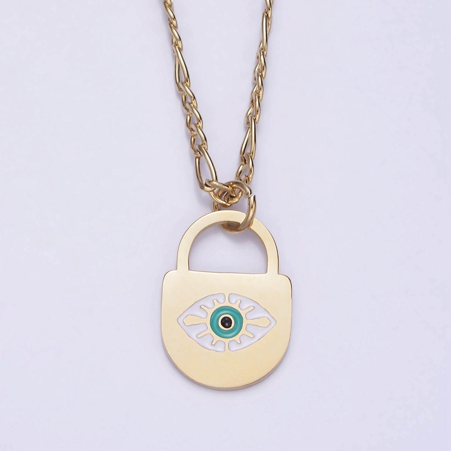 Stainless Steel Evil Eye Splatter Enamel Lock Layering 17 Inch Figaro Chain Necklace | WA-2045 - DLUXCA