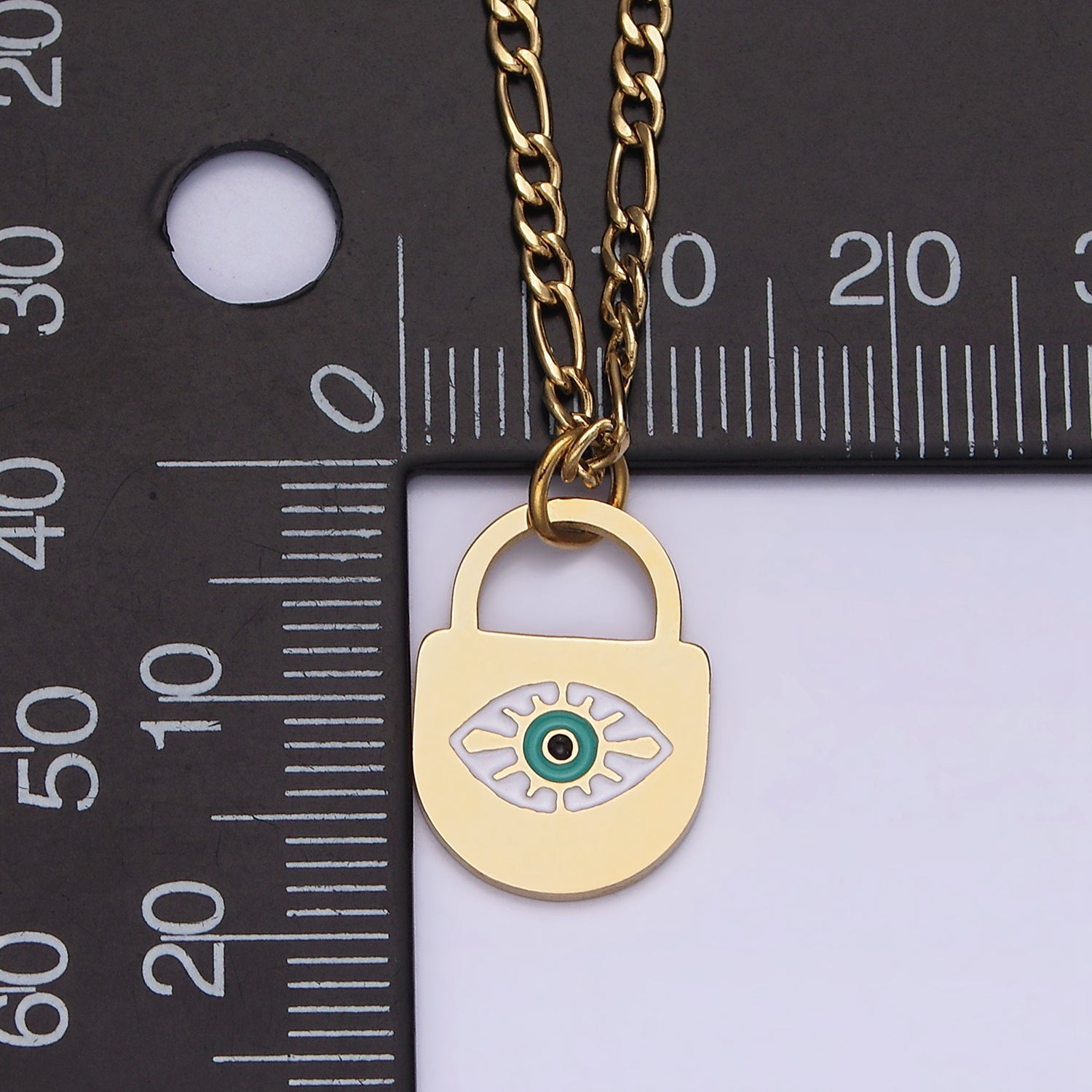 Stainless Steel Evil Eye Splatter Enamel Lock Layering 17 Inch Figaro Chain Necklace | WA-2045 - DLUXCA