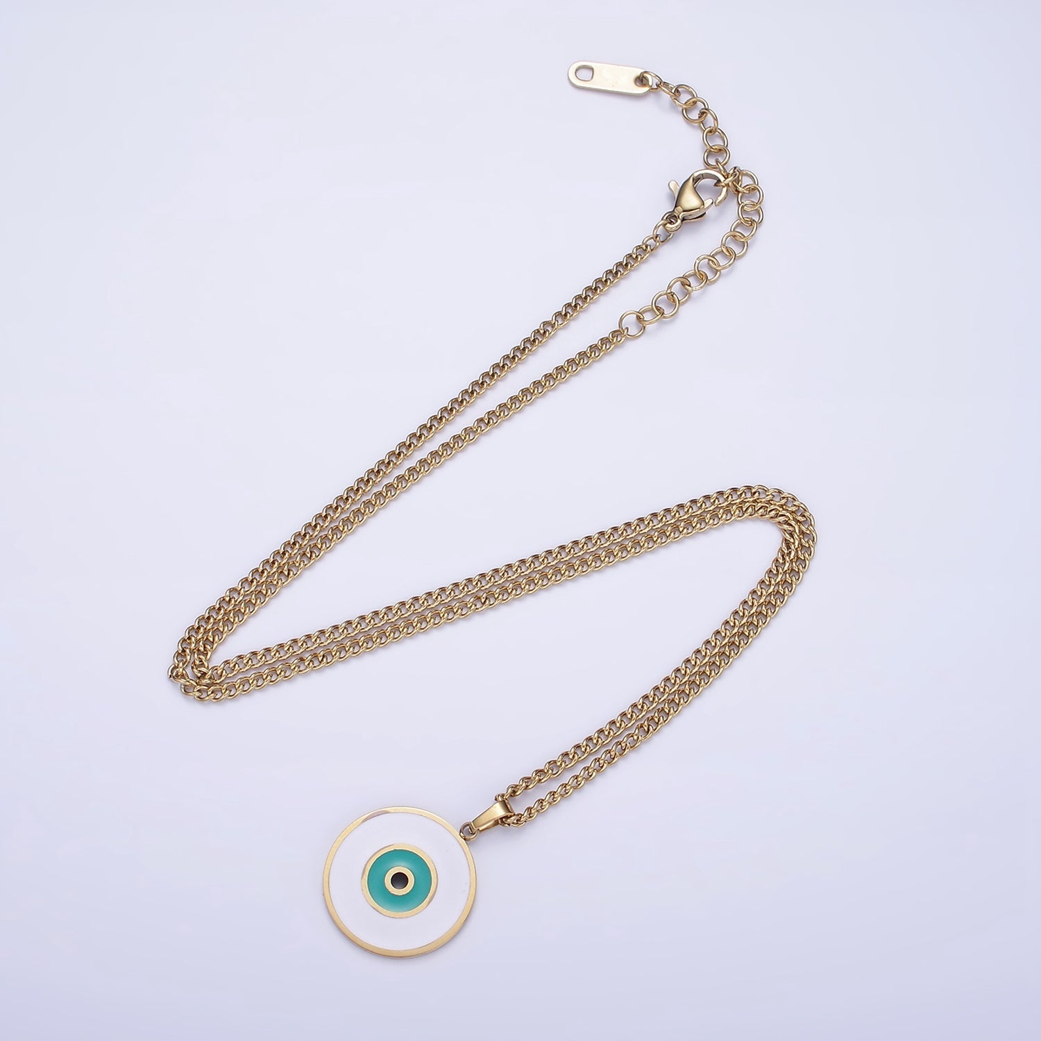 Stainless Steel Teal Evil Eye Enamel Round Charm 17 Inch Curb Chain Necklace | WA-2048 - DLUXCA