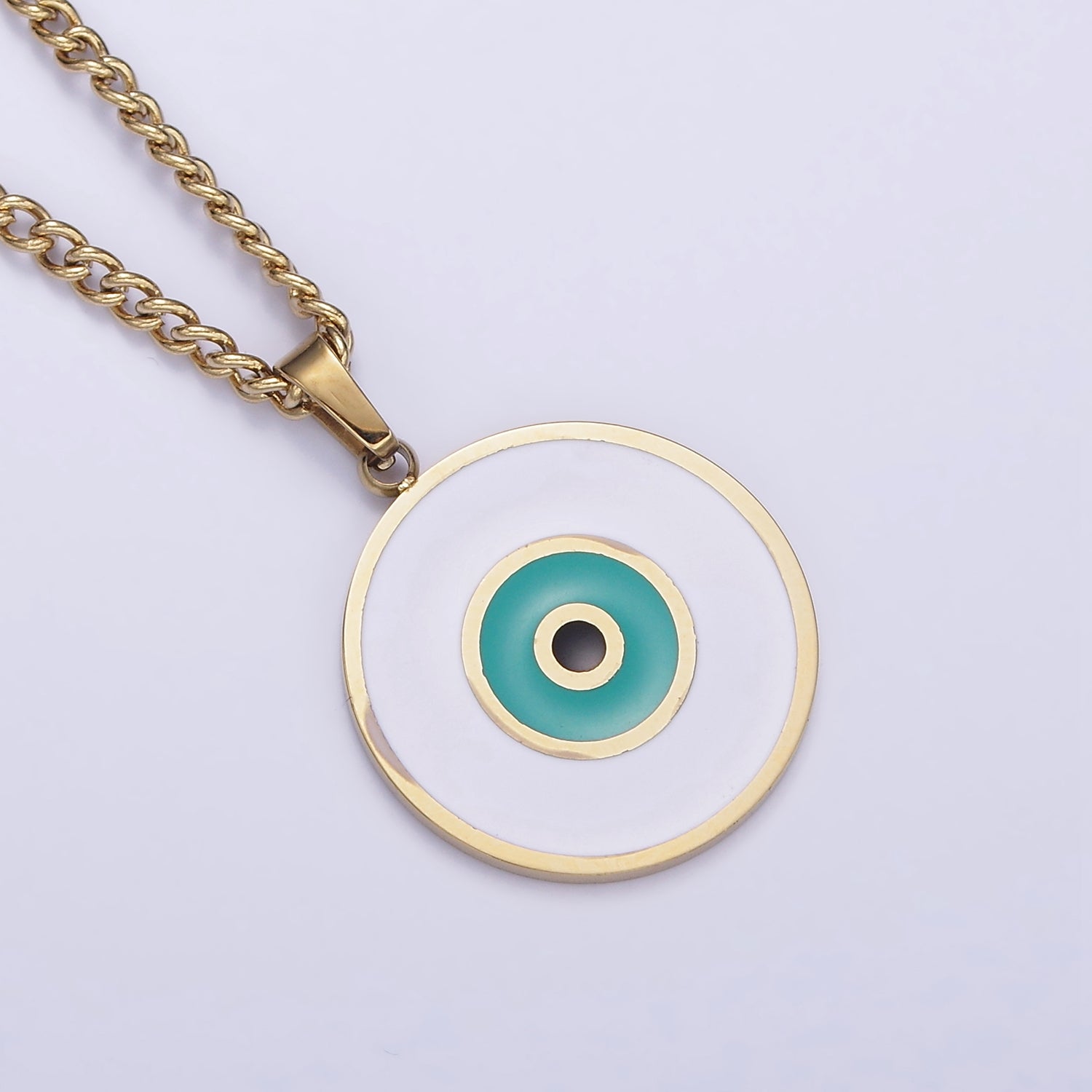 Stainless Steel Teal Evil Eye Enamel Round Charm 17 Inch Curb Chain Necklace | WA-2048 - DLUXCA