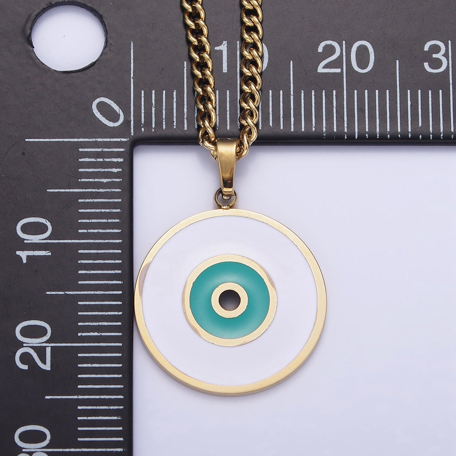 Stainless Steel Teal Evil Eye Enamel Round Charm 17 Inch Curb Chain Necklace | WA-2048 - DLUXCA