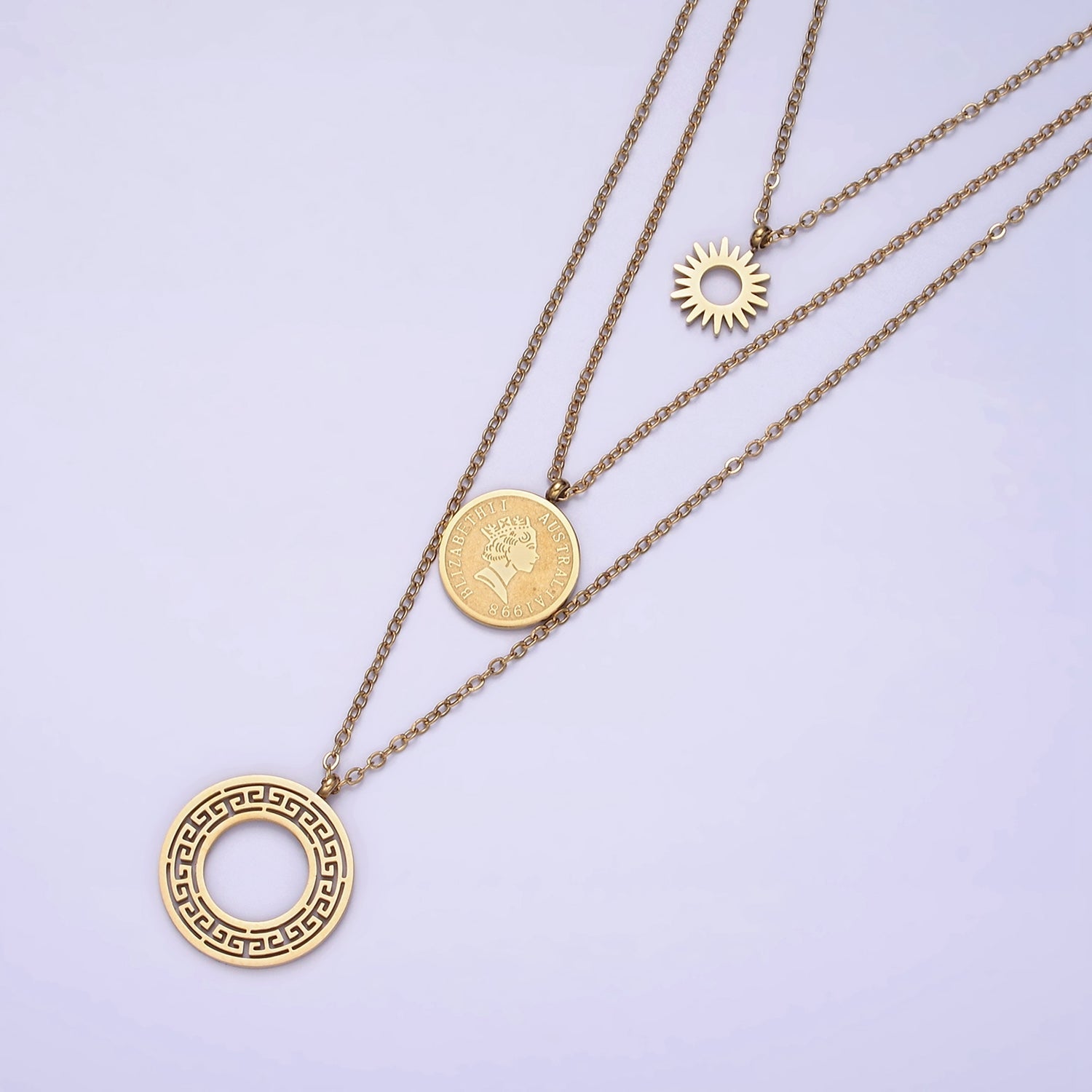 Stainless Steel Queen Elizabeth Triple Round Sun Artisan Coin Triple Layer Chain Stack Necklace | WA-2050 - DLUXCA