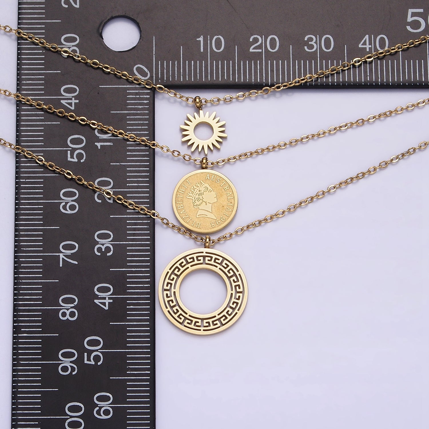 Stainless Steel Queen Elizabeth Triple Round Sun Artisan Coin Triple Layer Chain Stack Necklace | WA-2050 - DLUXCA