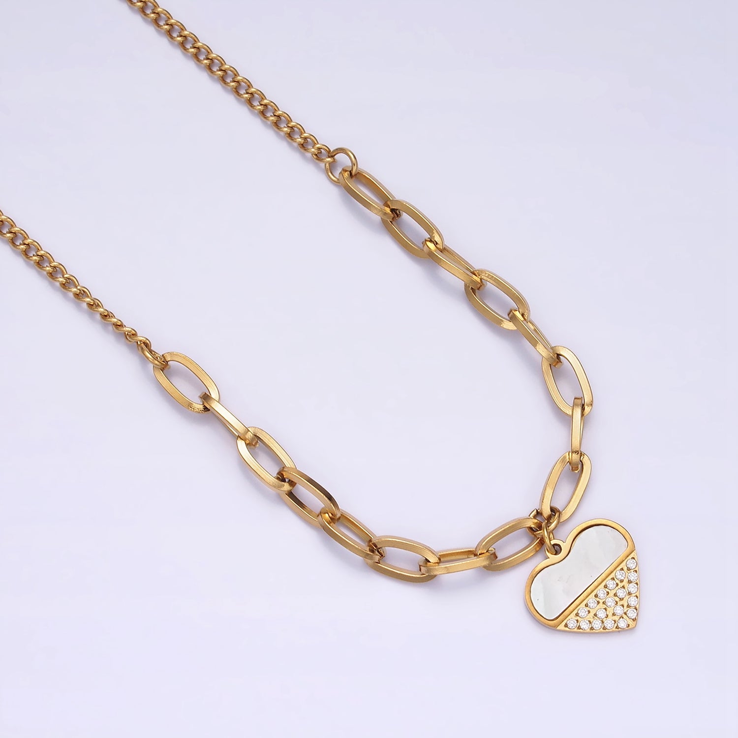 Stainless Steel Heart Micro Paved Shell Pearl Paperclip Curb 17 Inch Chain Necklace | WA-2052 - DLUXCA