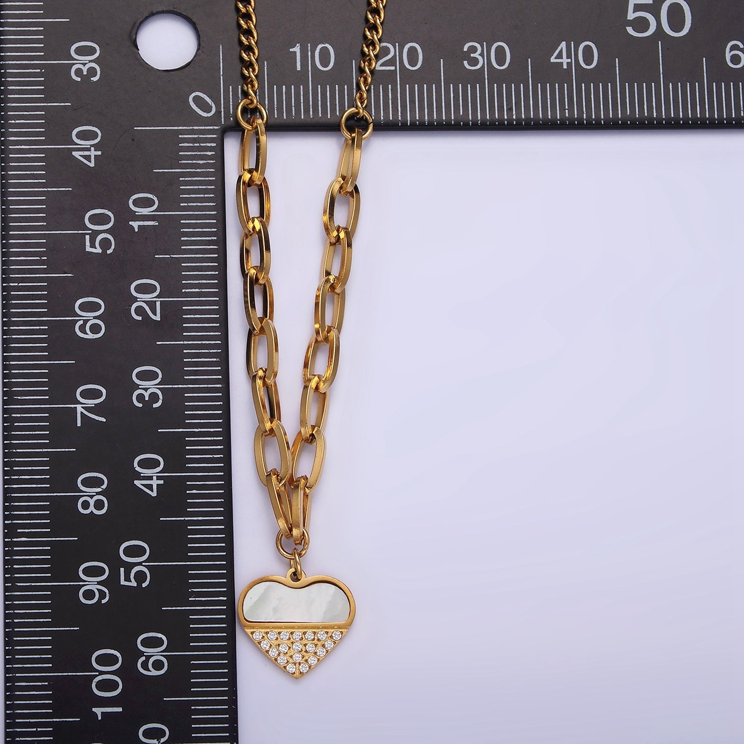 Stainless Steel Heart Micro Paved Shell Pearl Paperclip Curb 17 Inch Chain Necklace | WA-2052 - DLUXCA