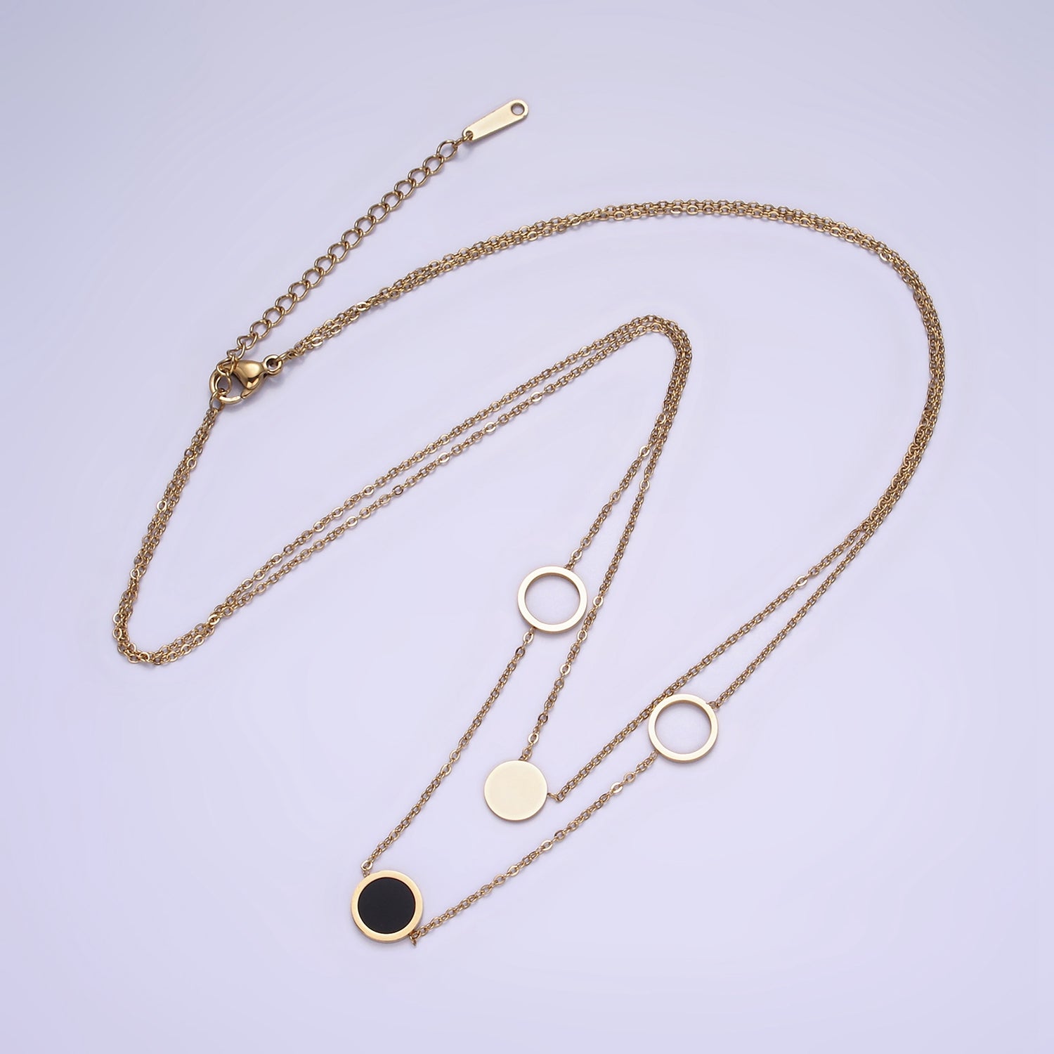 Stainless Steel Multiple Round Circle Open Disc Cable Double Layer Stack Necklace | WA-2054 - DLUXCA