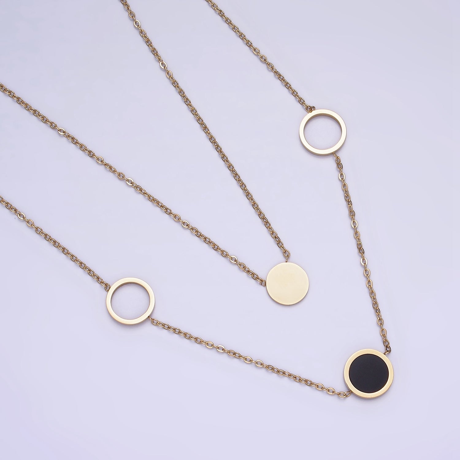 Stainless Steel Multiple Round Circle Open Disc Cable Double Layer Stack Necklace | WA-2054 - DLUXCA