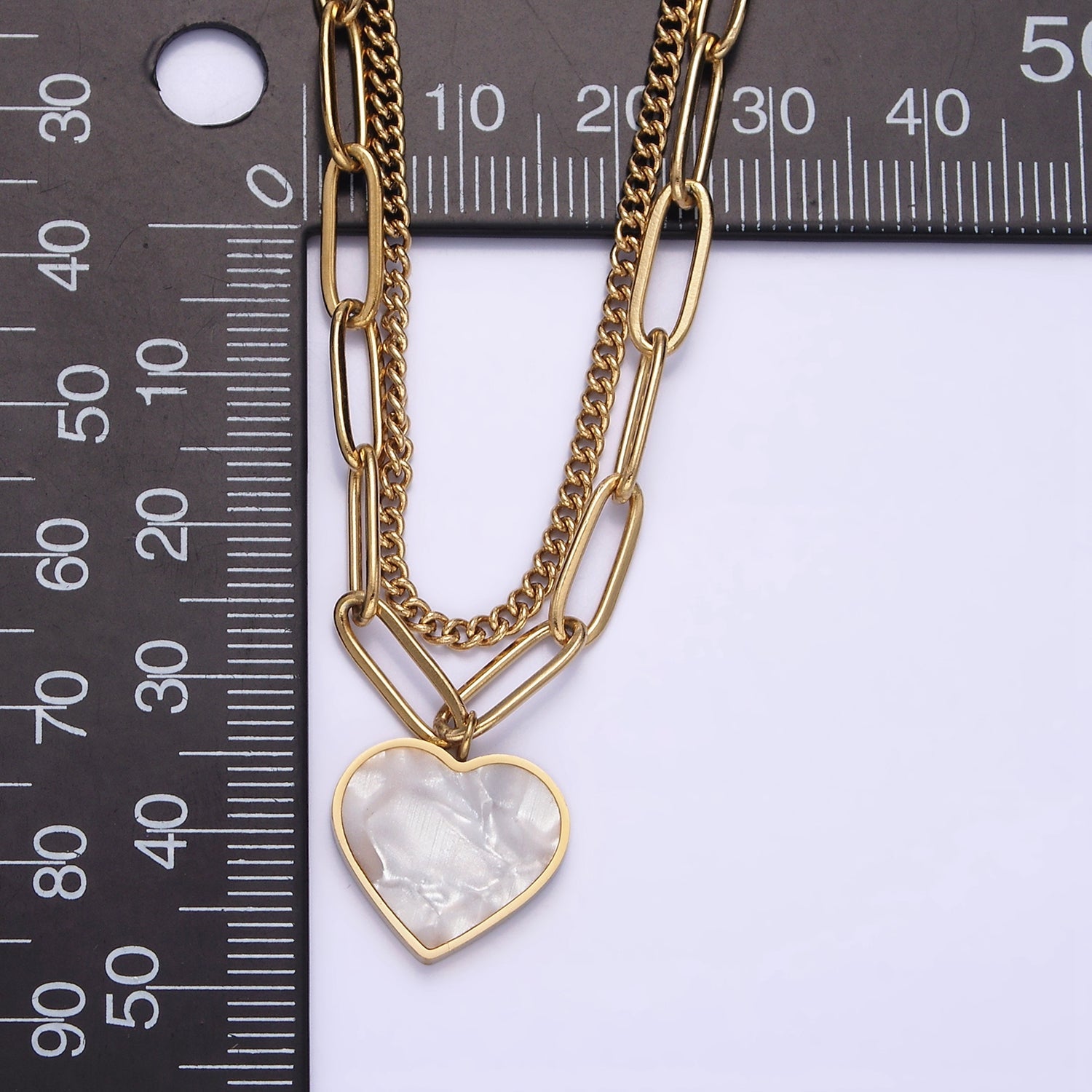 Stainless Steel Shell Pearl Heart Charm Choker Double Layer Chain 15.5 Stack Necklace | WA-2055 - DLUXCA