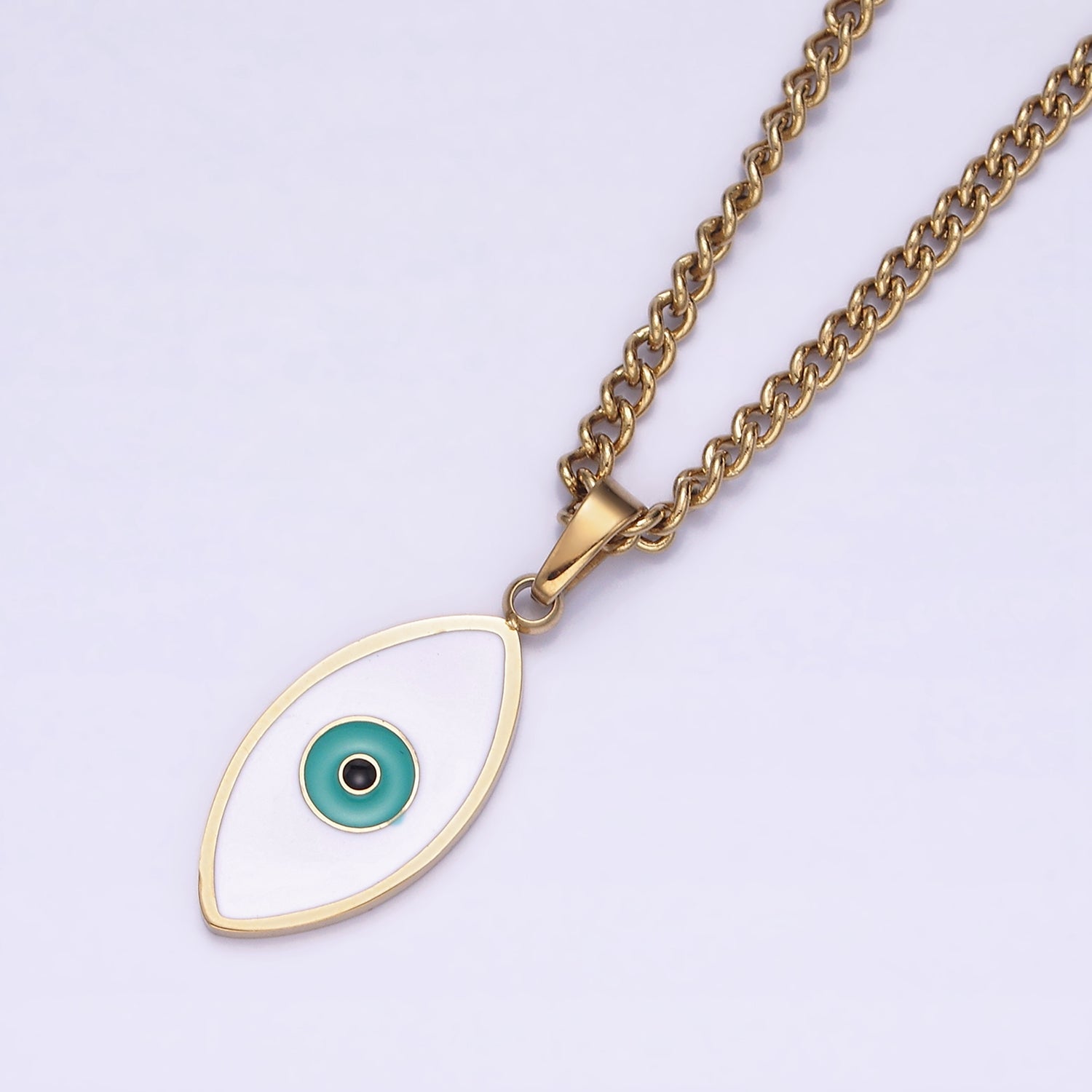 Stainless Steel Teal Evil Eyed Enamel Pendant 17 Inch Curb Chain Necklace | WA-2056 - DLUXCA