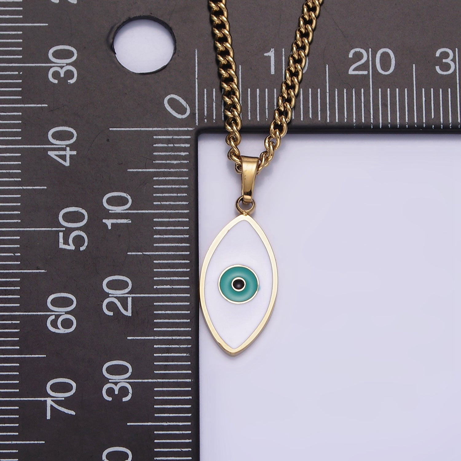 Stainless Steel Teal Evil Eyed Enamel Pendant 17 Inch Curb Chain Necklace | WA-2056 - DLUXCA