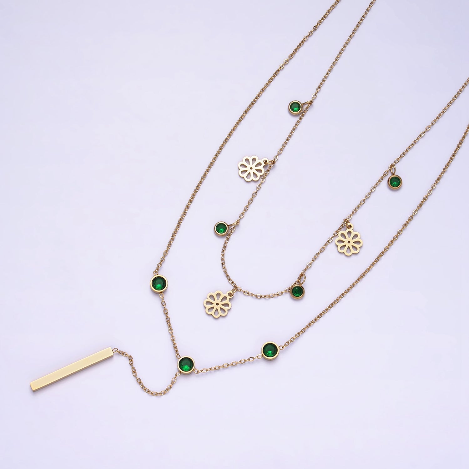 Stainless Steel Green Round CZ Disc Open Flower Bar Lariat Double Layer Stack Necklace | WA-2057 - DLUXCA