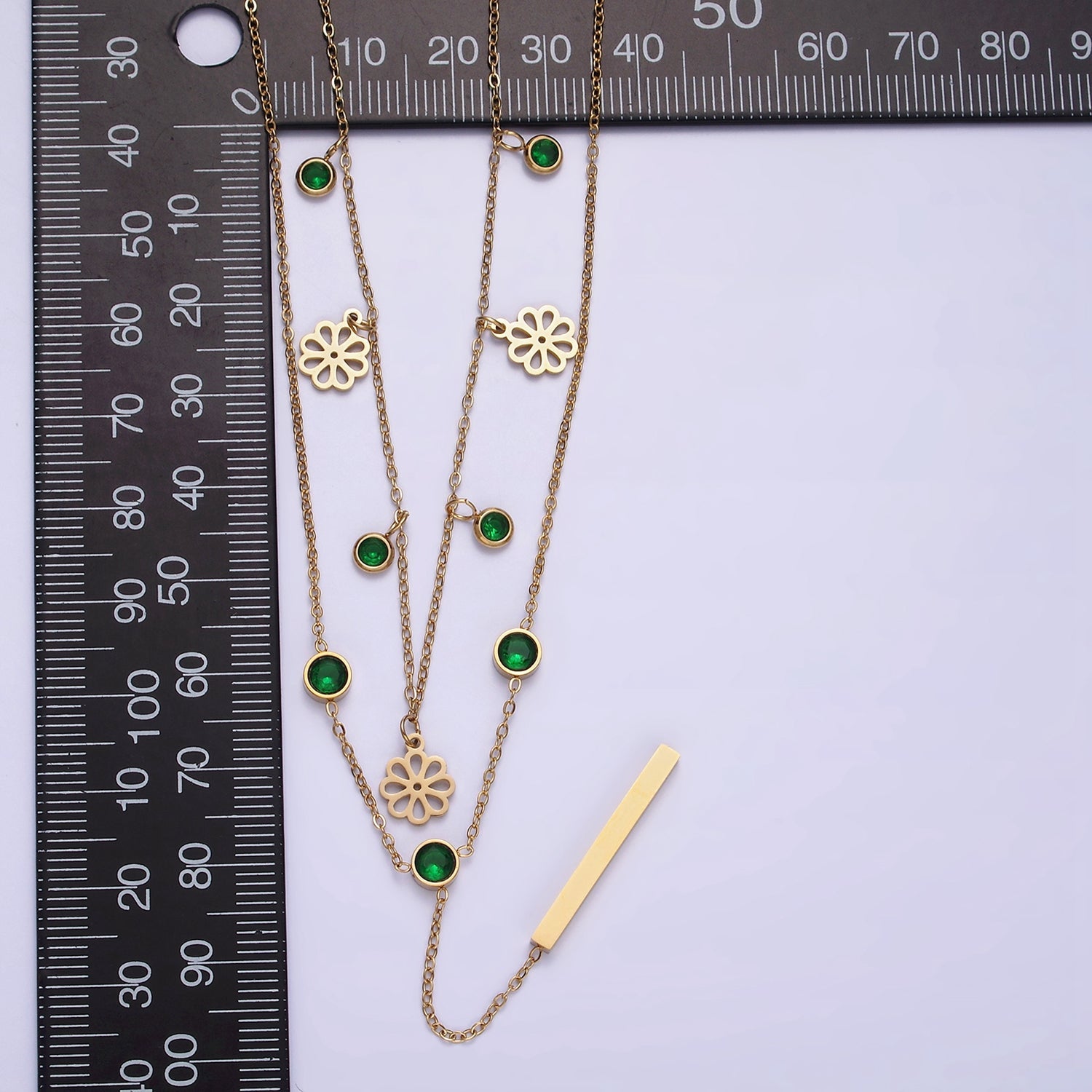 Stainless Steel Green Round CZ Disc Open Flower Bar Lariat Double Layer Stack Necklace | WA-2057 - DLUXCA