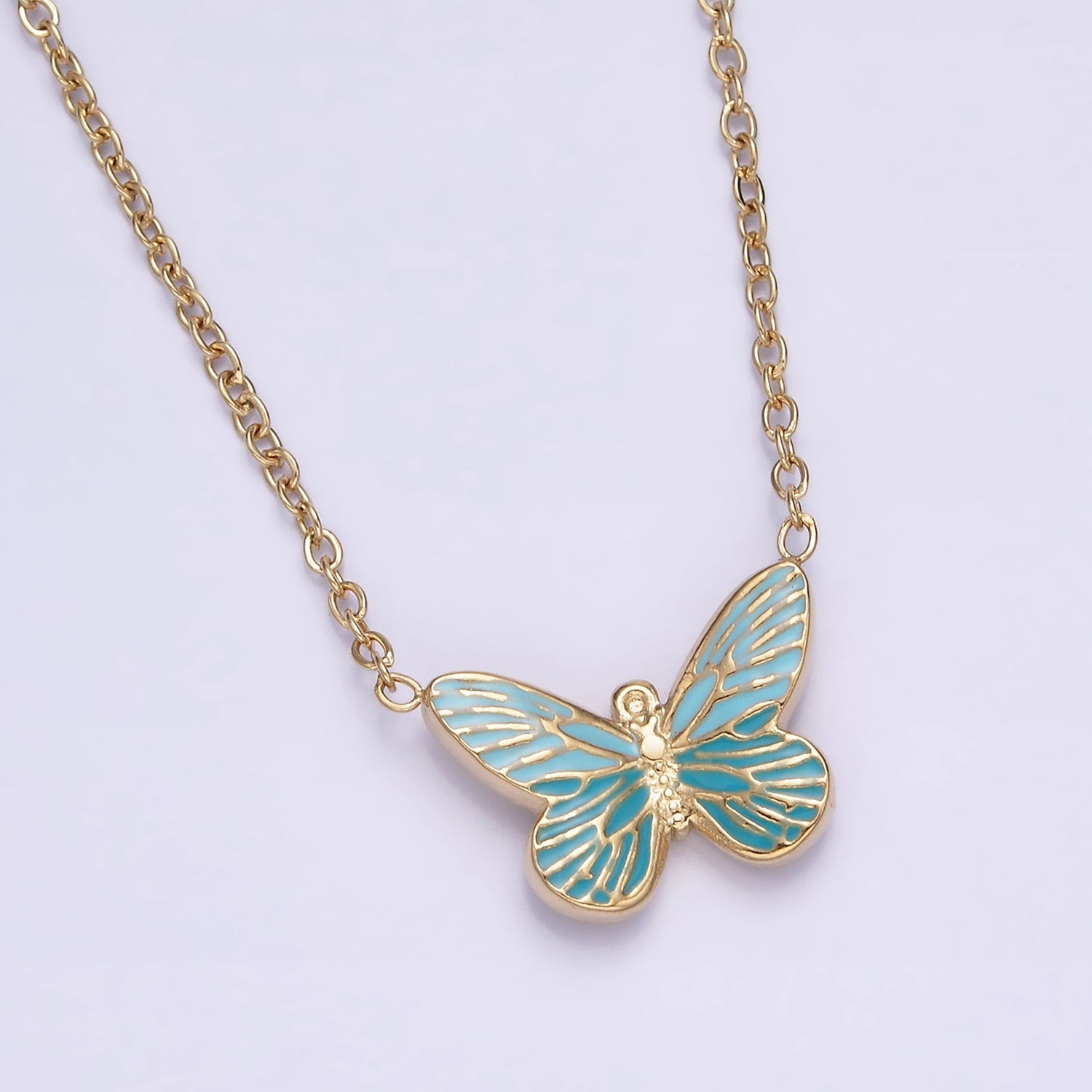 Stainless Steel Fairy Butterfly Wings Blue Enamel 17 Inch Cable Chain Necklace | WA-2059 - DLUXCA