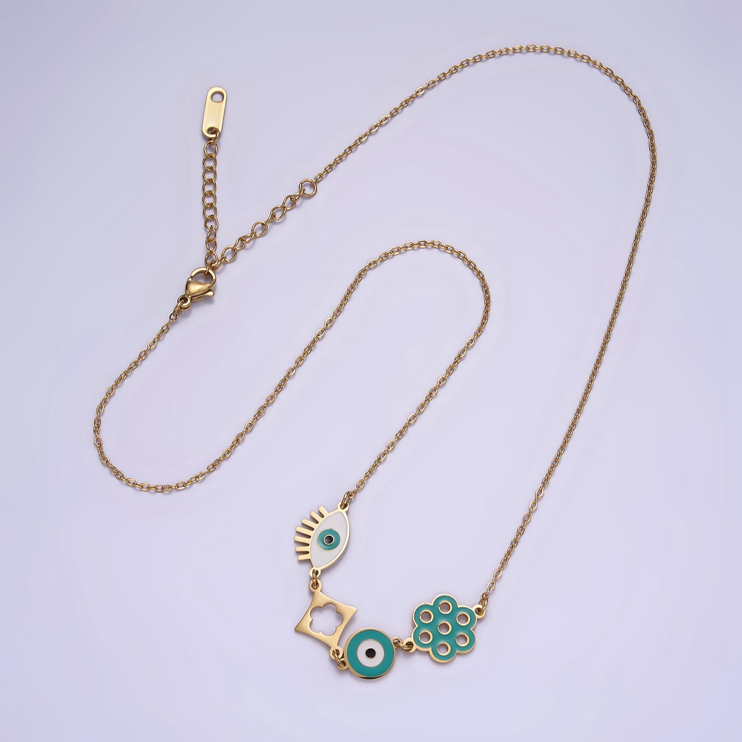 Stainless Steel Teal Evil Eye Open Flower 17 Inch Cable Chain Necklace | WA-2062 - DLUXCA