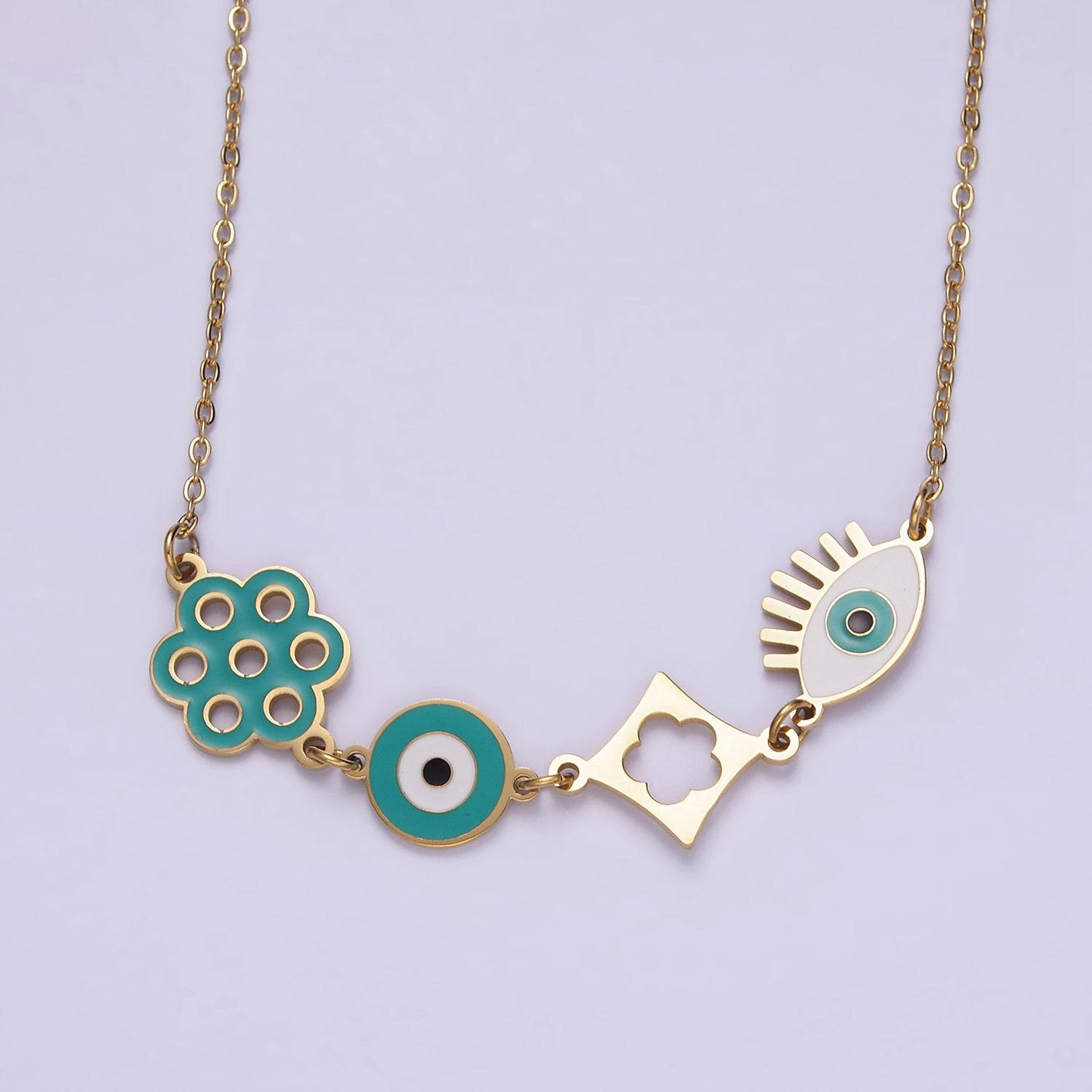 Stainless Steel Teal Evil Eye Open Flower 17 Inch Cable Chain Necklace | WA-2062 - DLUXCA