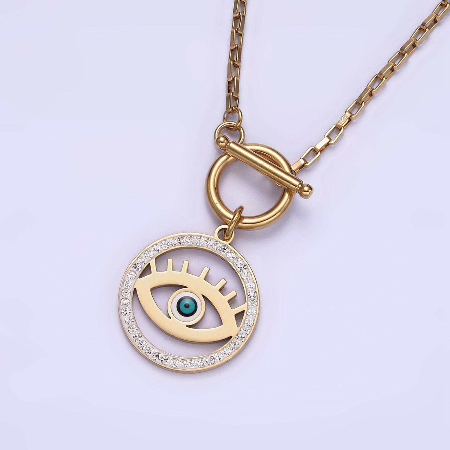 Stainless Steel Blue Evil Eye Open Clear Micro Paved CZ Toggle Clasps Rectangular Box 17 Inch Chain Necklace | WA-2063 - DLUXCA