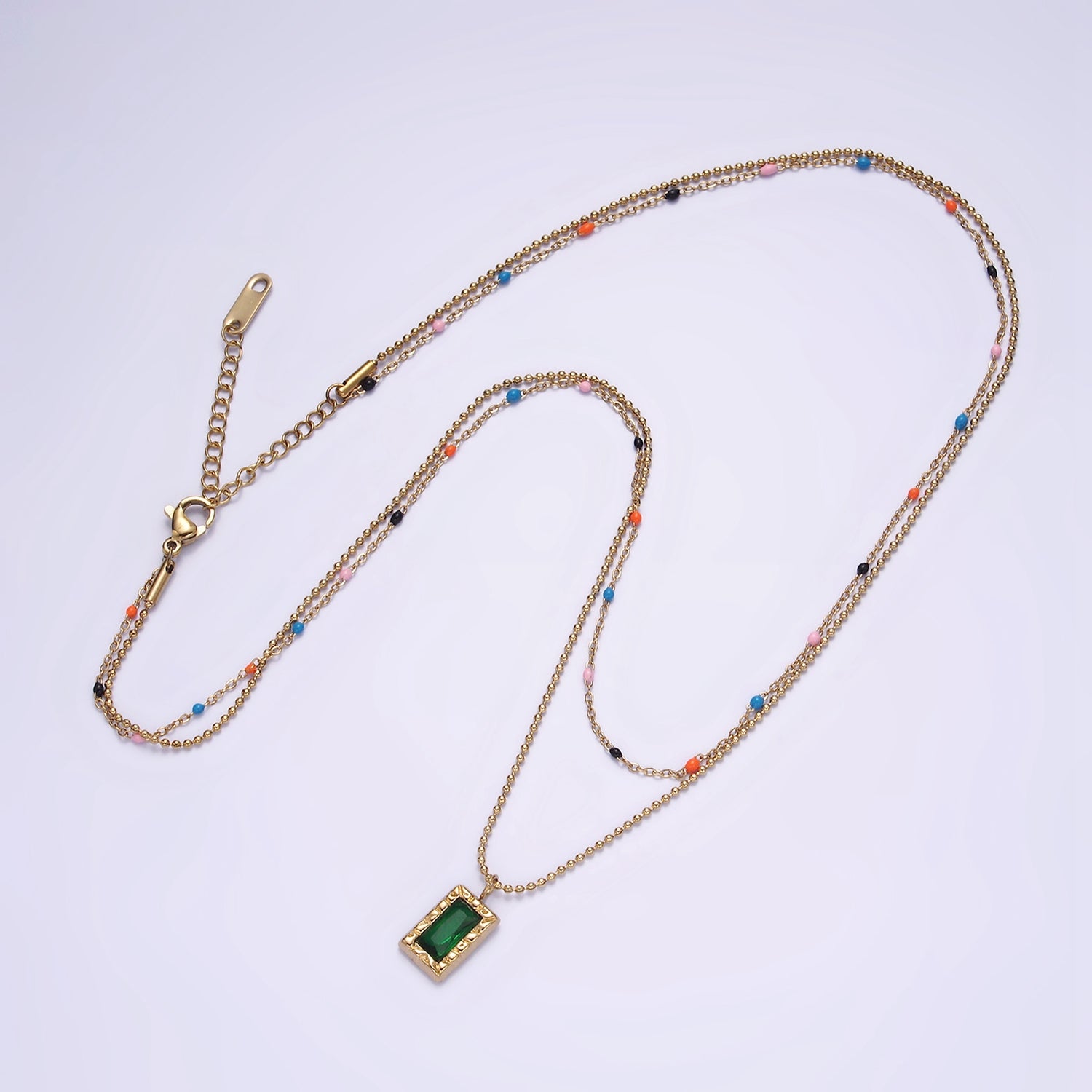 Stainless Steel Green Baguette Hammered Bead Enamel Satellite Double Layer Stack Necklace | WA-2066 - DLUXCA