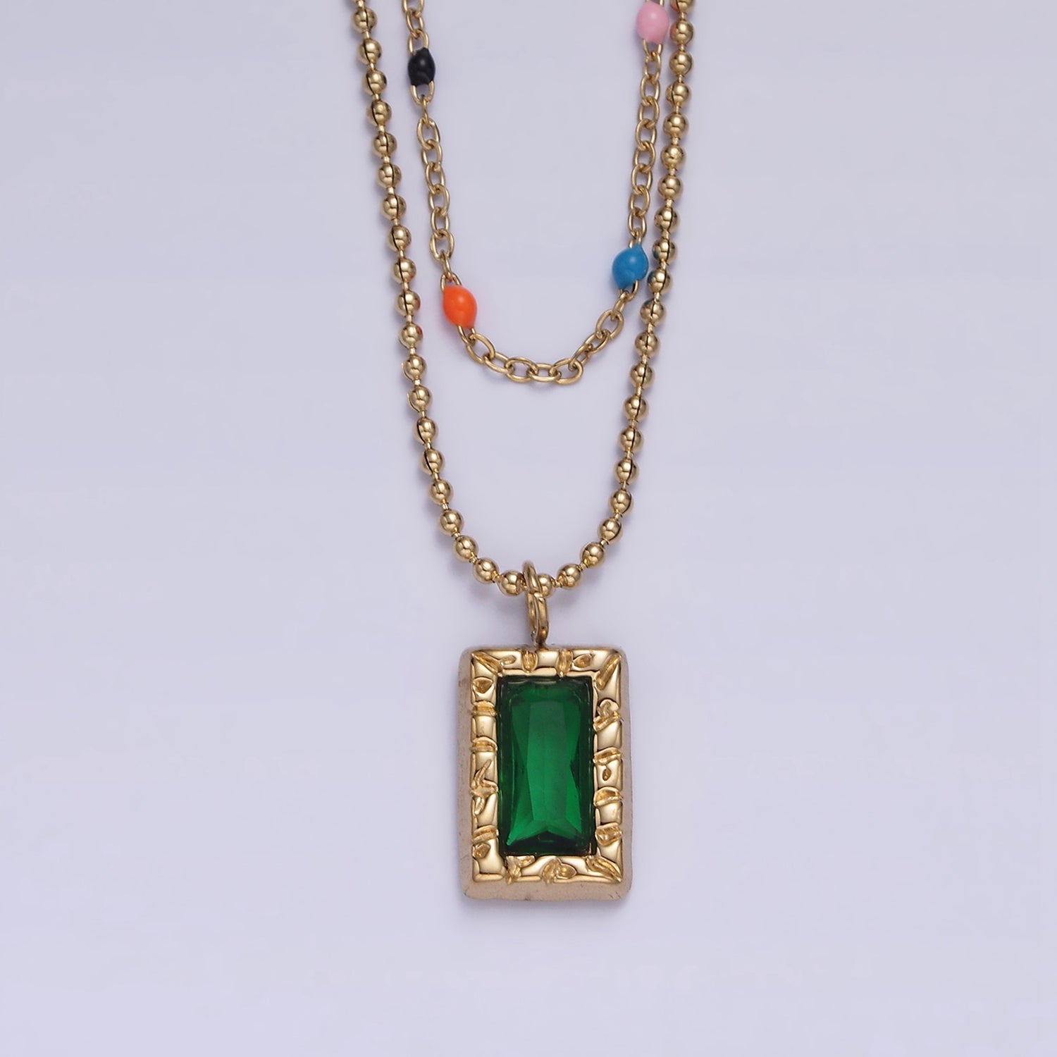 Stainless Steel Green Baguette Hammered Bead Enamel Satellite Double Layer Stack Necklace | WA-2066 - DLUXCA