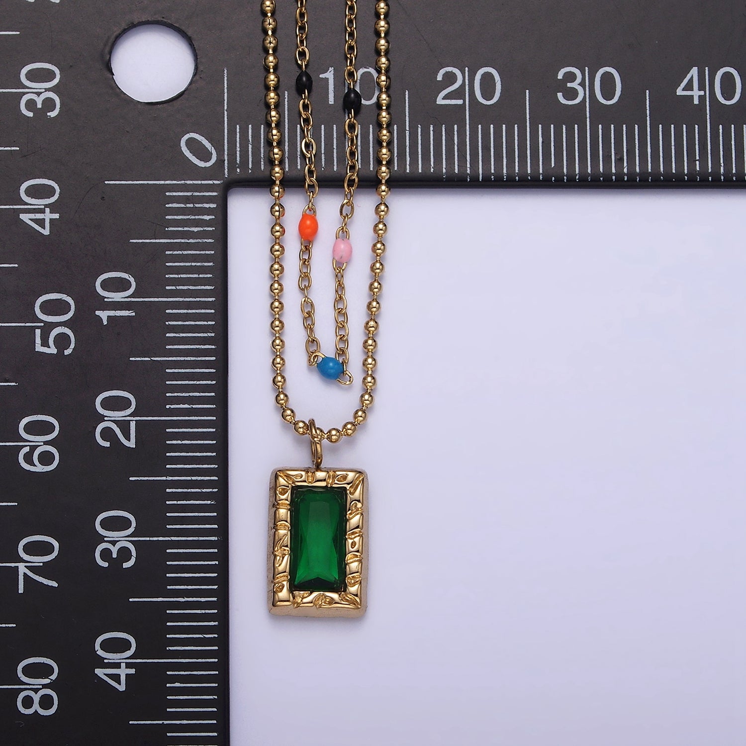 Stainless Steel Green Baguette Hammered Bead Enamel Satellite Double Layer Stack Necklace | WA-2066 - DLUXCA