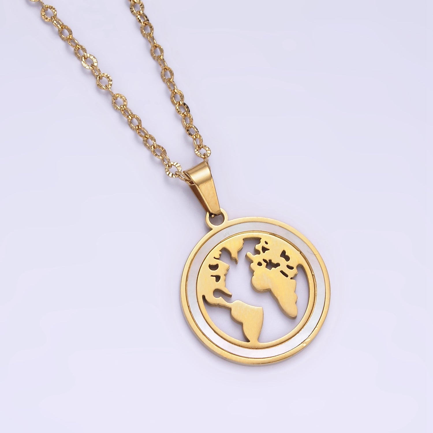 Stainless Steel World Map Shell Pearl Lined Open Round Medallion Pendant Sunburst Cable 17 Inch Chain Necklace | WA-2067 - DLUXCA