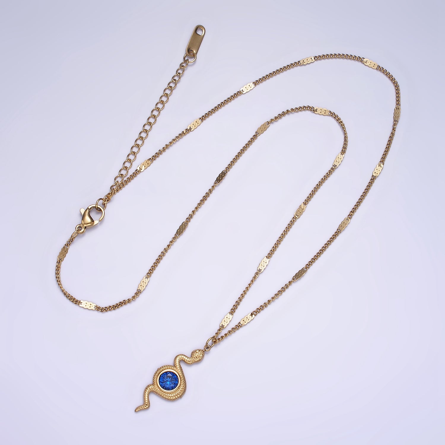 Stainless Steel Textured Snake Blue CZ Charm 17 Inch Unique Curb Chain Necklace | WA-2068 - DLUXCA