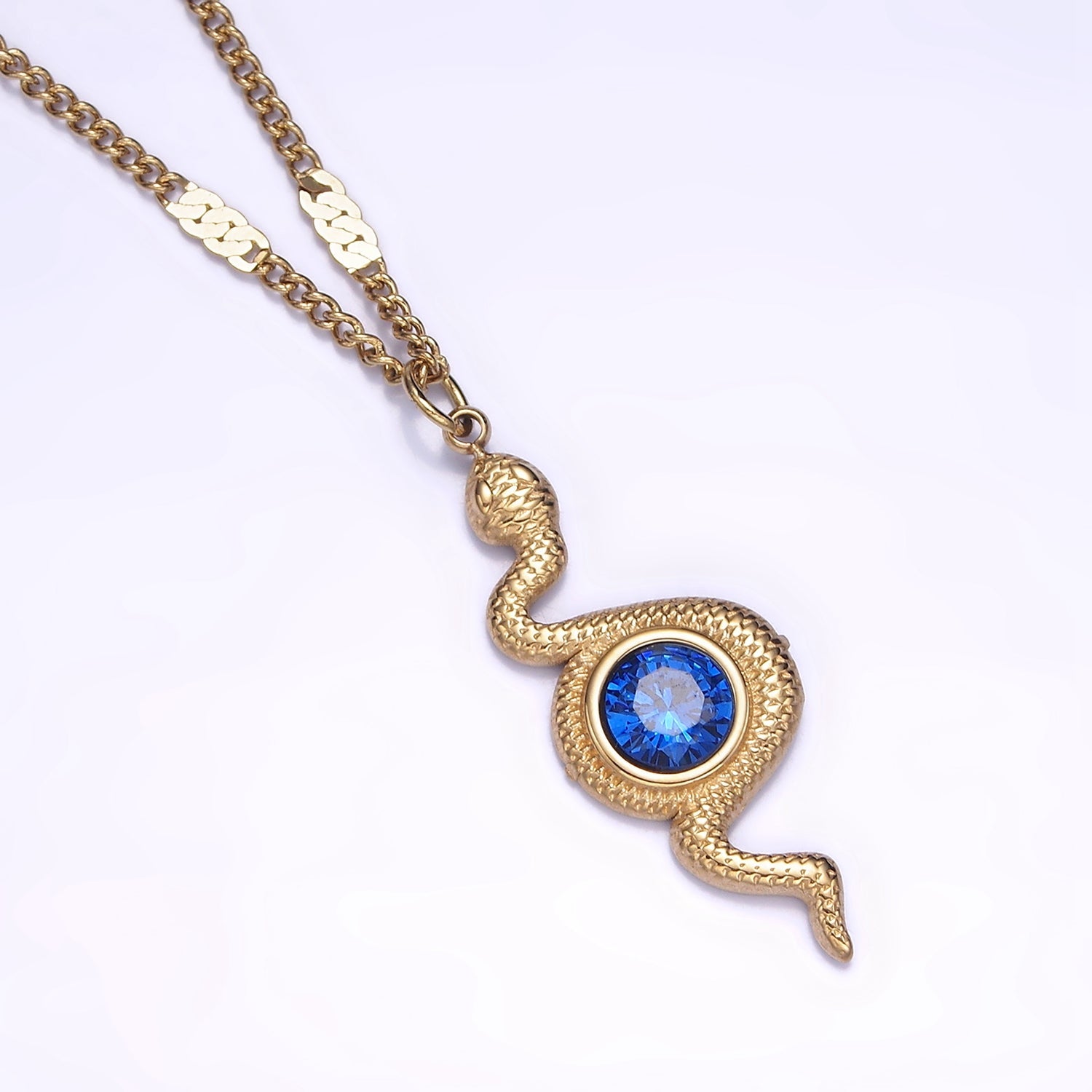 Stainless Steel Textured Snake Blue CZ Charm 17 Inch Unique Curb Chain Necklace | WA-2068 - DLUXCA