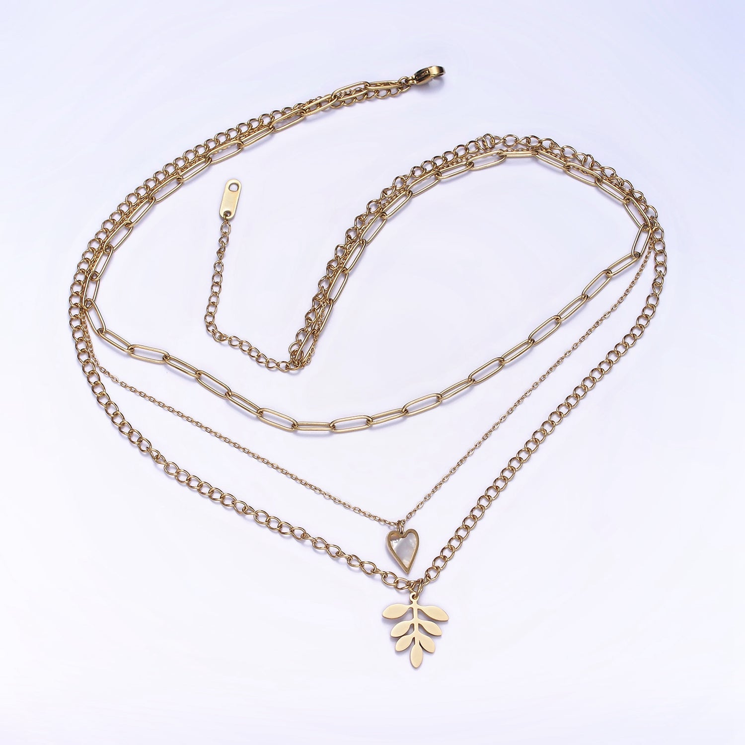 Stainless Steel Leaf Heart Shell Pearl Curb Cable Paperclip Triple Layer Stack Necklace | WA-2070 - DLUXCA