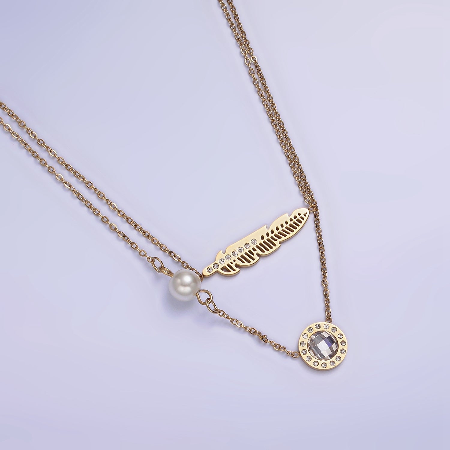 Stainless Steel Clear CZ Round Feather Pearl Cable Double Layer Stack Necklace | WA-2072 - DLUXCA