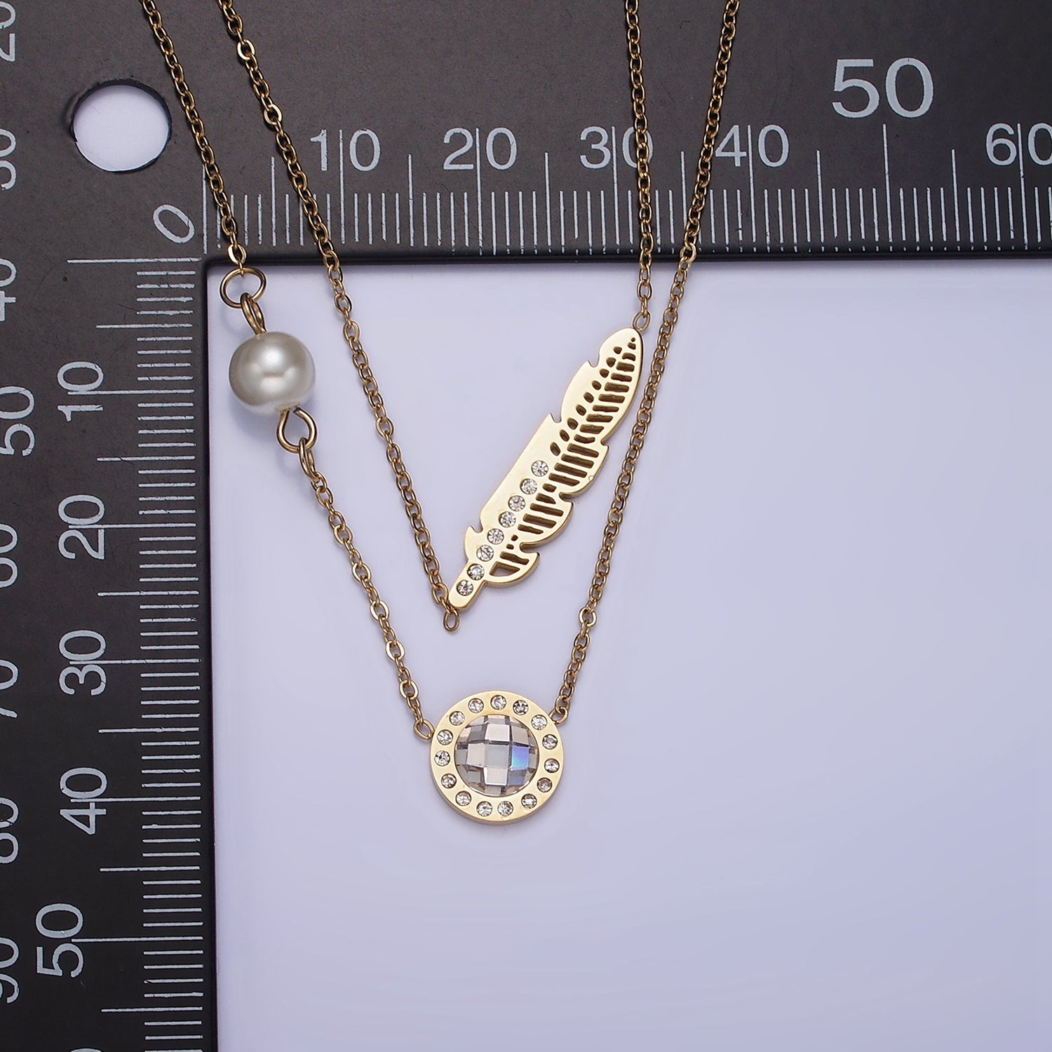 Stainless Steel Clear CZ Round Feather Pearl Cable Double Layer Stack Necklace | WA-2072 - DLUXCA