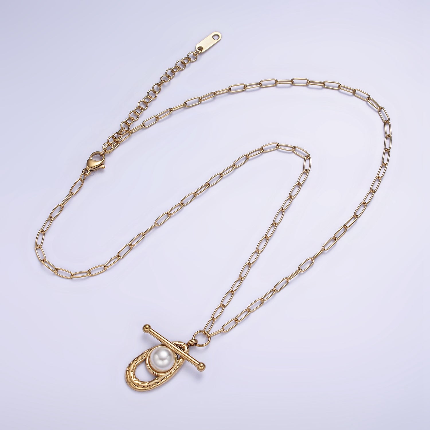 Stainless Steel Pearl Hammered Oblong Toggle Clasps Paperclip 17 Inch Chain Necklace | WA-2074 - DLUXCA