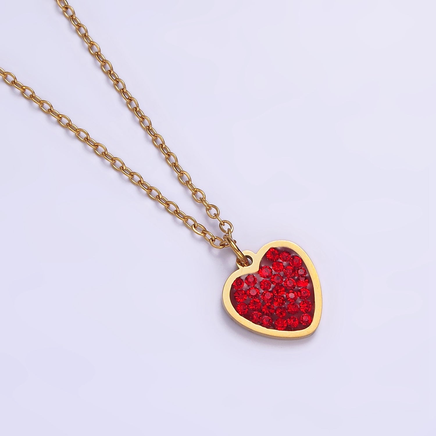 Stainless Steel Red Micro Paved CZ Heart 17 Inch Cable Chain Necklace | WA-2076 - DLUXCA