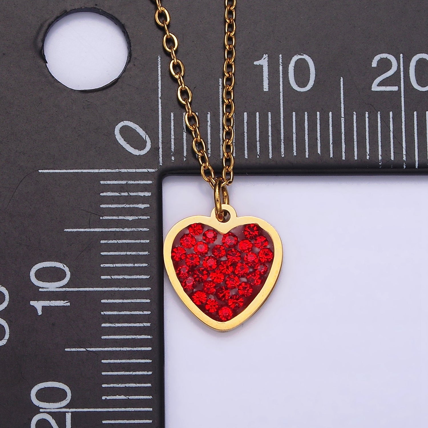 Stainless Steel Red Micro Paved CZ Heart 17 Inch Cable Chain Necklace | WA-2076 - DLUXCA