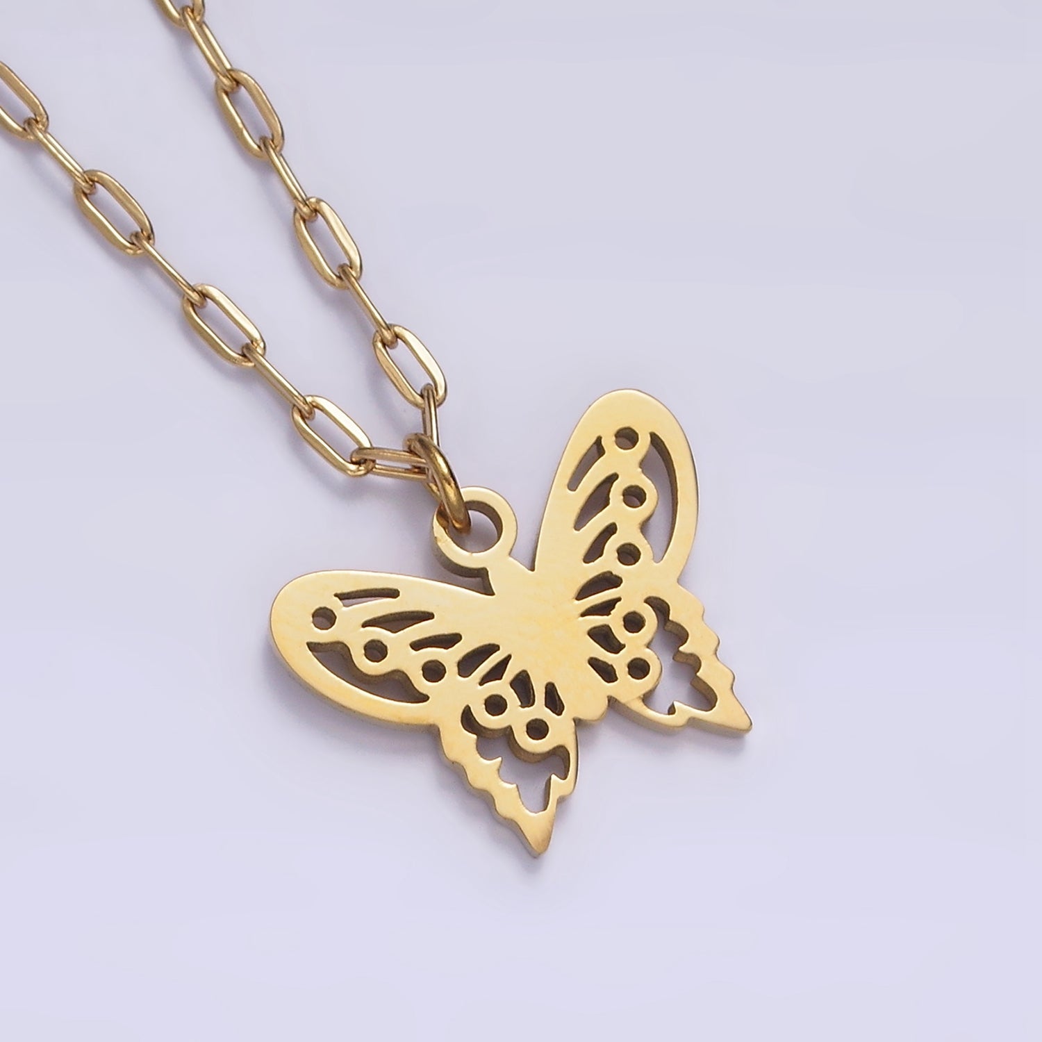 Stainless Steel Butterfly Open Wings Charm 17 Inch Paperclip Chain Necklace | WA-2080 - DLUXCA