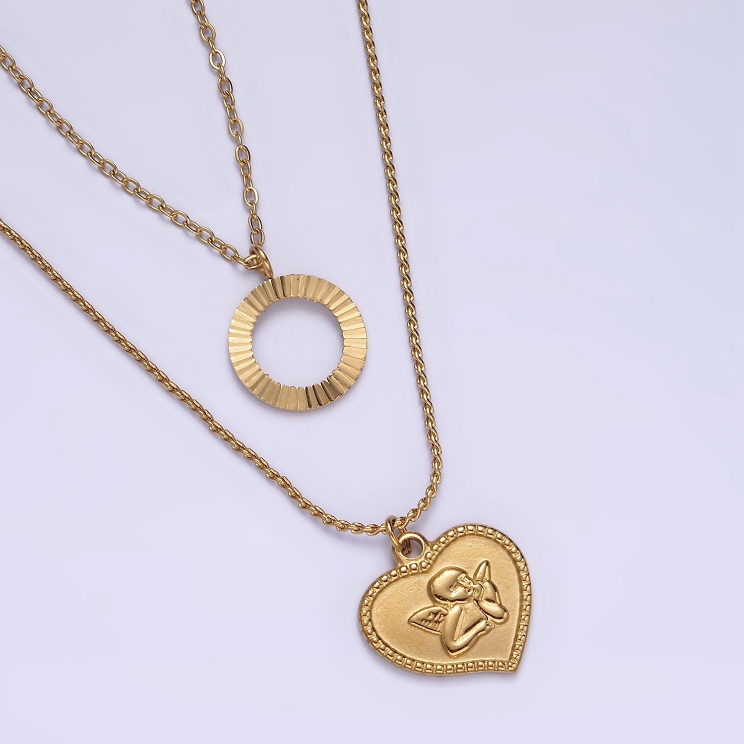 Stainless Steel Open Sunburst, Cherub Angel Heart Charm Cable Rope Double Layer Stack Necklace | WA-2082 - DLUXCA