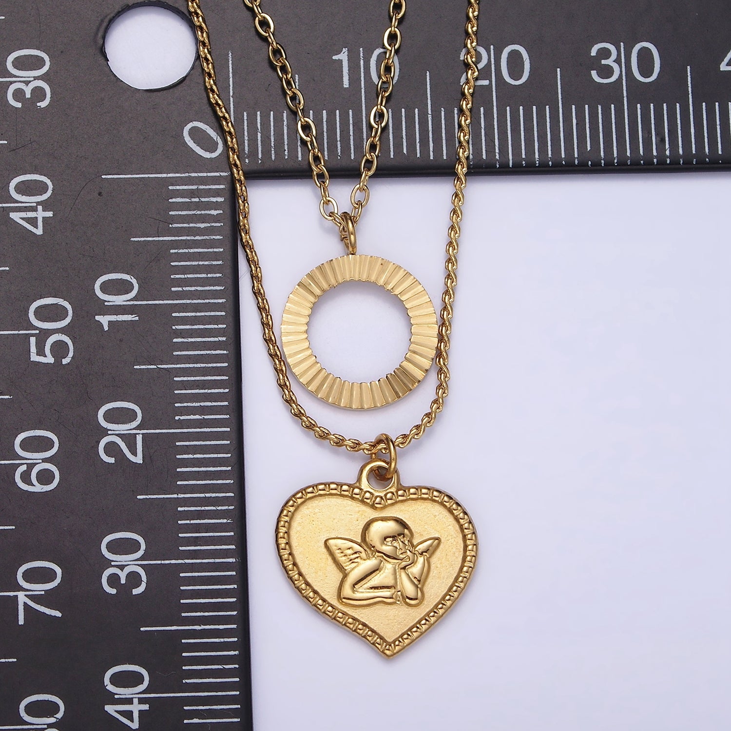 Stainless Steel Open Sunburst, Cherub Angel Heart Charm Cable Rope Double Layer Stack Necklace | WA-2082 - DLUXCA