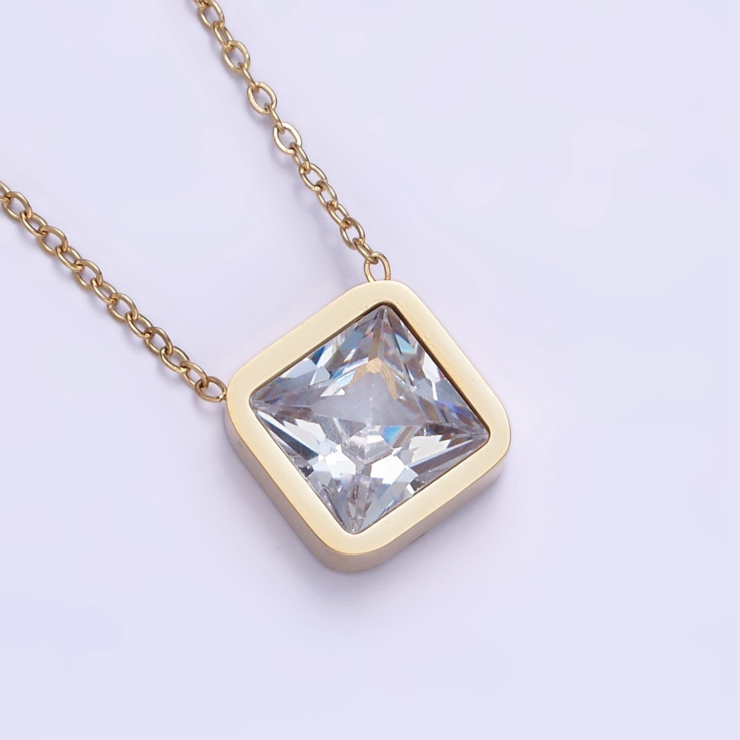 Stainless Steel Clear Square CZ 17 Inch Cable Chain Necklace | WA-2084 - DLUXCA