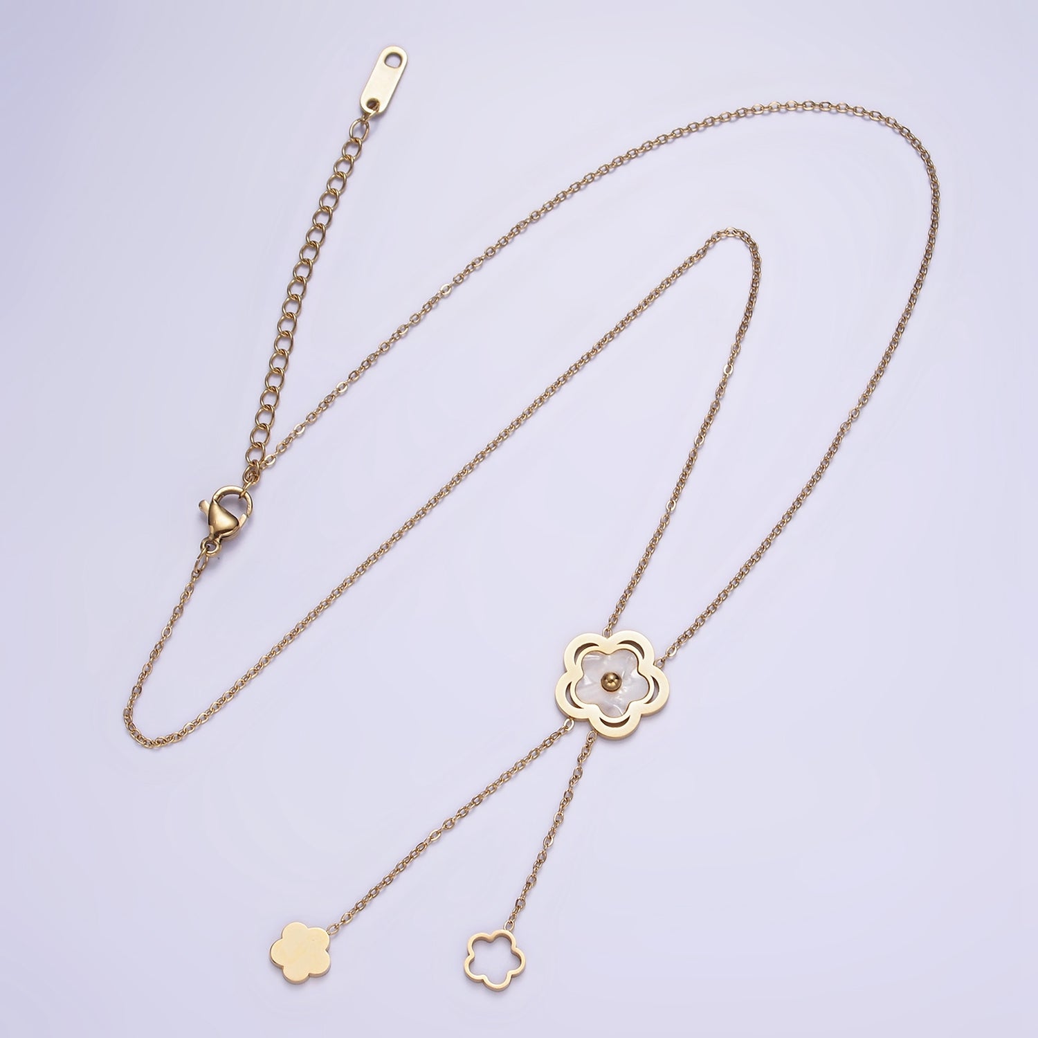 Stainless Steel Shell Pearl Open Flower Double Lariat 17 Inch Chain Necklace | WA-2085 - DLUXCA