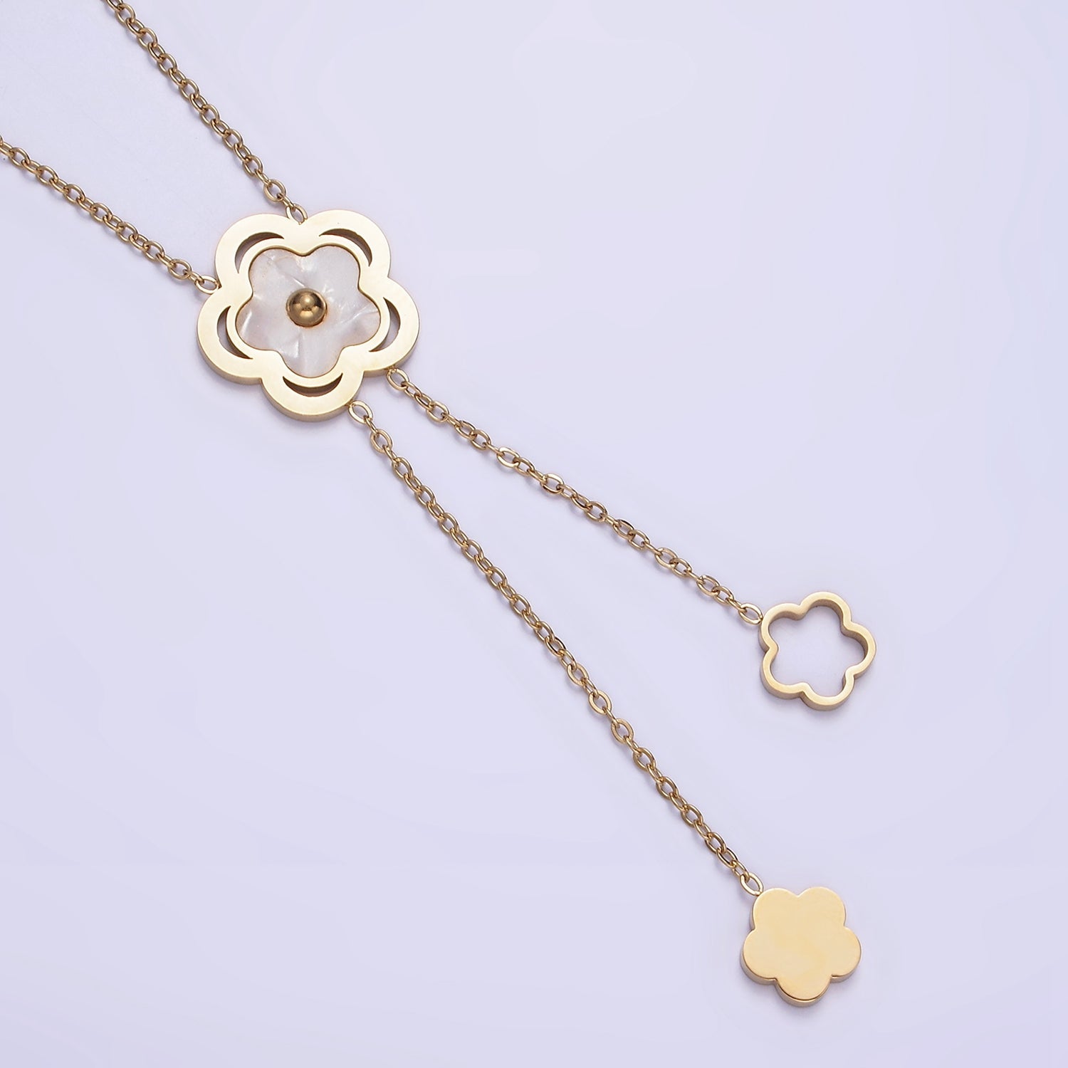 Stainless Steel Shell Pearl Open Flower Double Lariat 17 Inch Chain Necklace | WA-2085 - DLUXCA