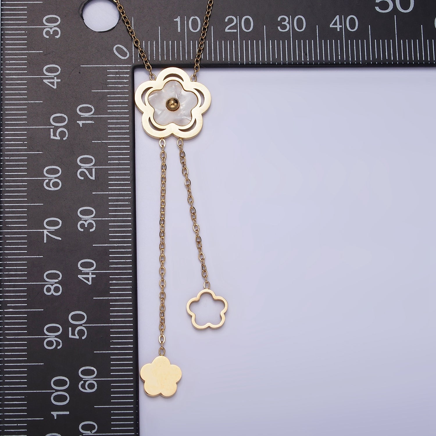 Stainless Steel Shell Pearl Open Flower Double Lariat 17 Inch Chain Necklace | WA-2085 - DLUXCA