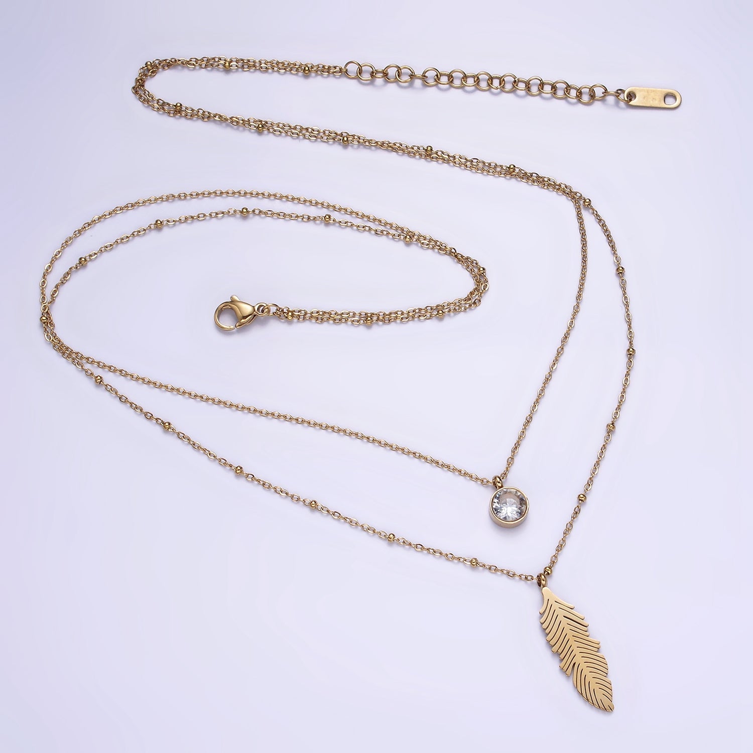 Stainless Steel Clear CZ Feather Cable Satellite Double Layer Chain Stack Necklace | WA-2086 - DLUXCA